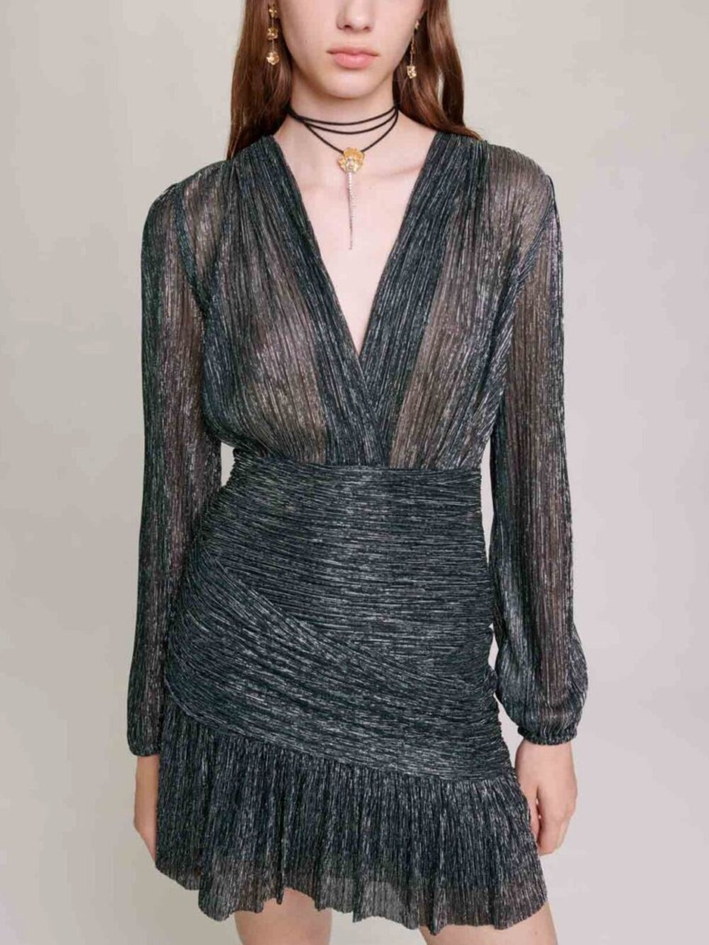 Maje Draped Lurex Mini Dress Green Metallic FR 36 US 4